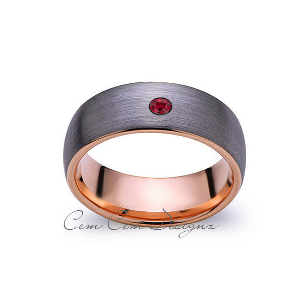 8mm,Mens,Red Ruby,Gray Brushed,Rose Gold,Tungsten Ring,Rose Gold,Birthstone,Wedding Band,Comfort Fit - LUXURY BANDS LA