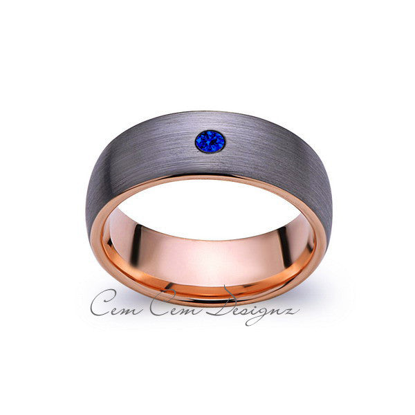 8mm,Mens,Blue Sapphire,Gray Brushed,Rose Gold,Tungsten Ring,Rose Gold,Wedding Band,Comfort Fit - LUXURY BANDS LA