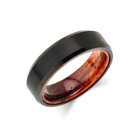 Koa Wood Wedding Ring - Black Brushed Tungsten Band - Hawaiian Koa Wood - 6mm - Mens - Comfort Fit - LUXURY BANDS LA