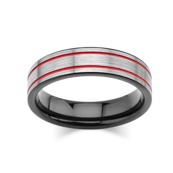 Grey Brushed Tungsten Ring -Red Mens Wedding Band - 6mm - Mens Ring - Tungsten Carbide - Unique Design - Comfort Fit - LUXURY BANDS LA