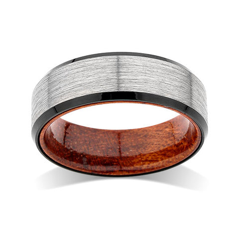 Koa Wood Wedding Ring - 8MM - Gray Gunmetal Brushed Tungsten Band - Hawaiian Koa Wood - Comfort Fit - LUXURY BANDS LA