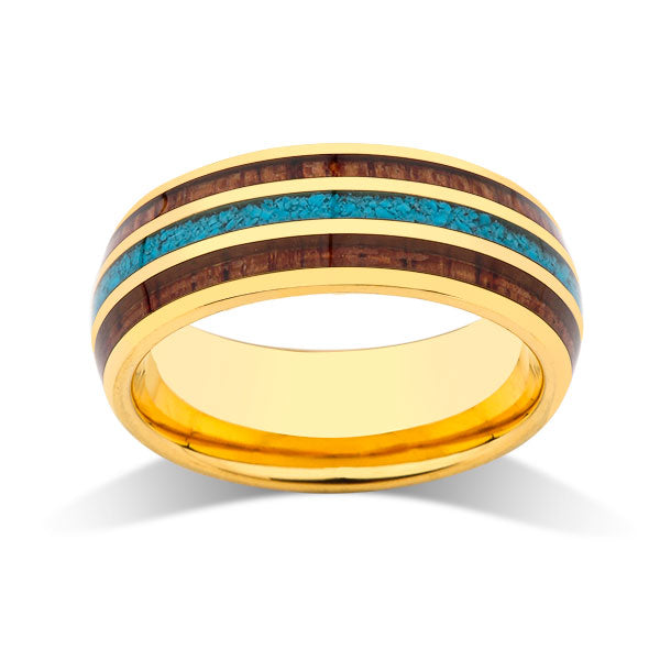 Yellow Gold Koa Wood Wedding Ring - Turquoise Tungsten Engagement Band - 8mm - Comfort Fit - LUXURY BANDS LA
