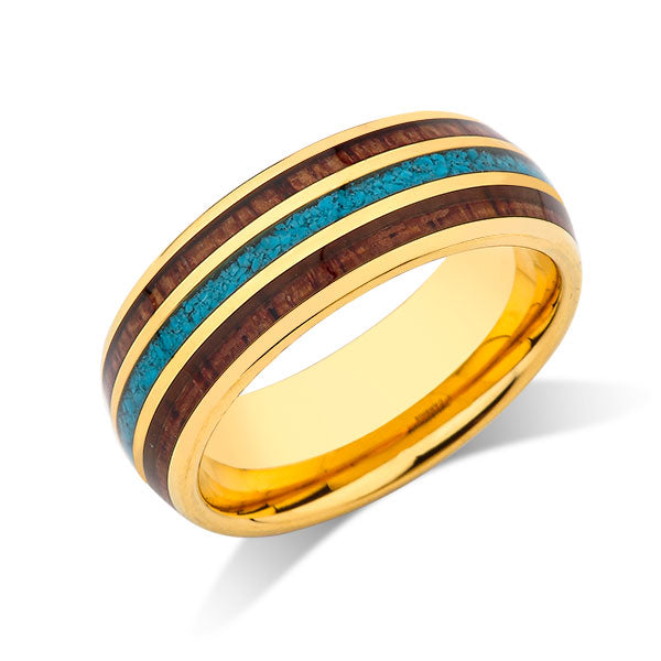 Yellow Gold Koa Wood Wedding Ring - Turquoise Tungsten Engagement Band - 8mm - Comfort Fit - LUXURY BANDS LA