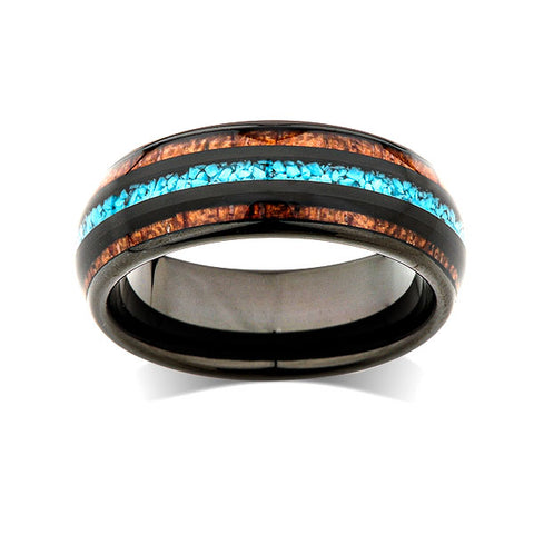 Koa Wood Wedding Ring - Turquoise Tungsten Engagement Band - 8mm - Comfort Fit