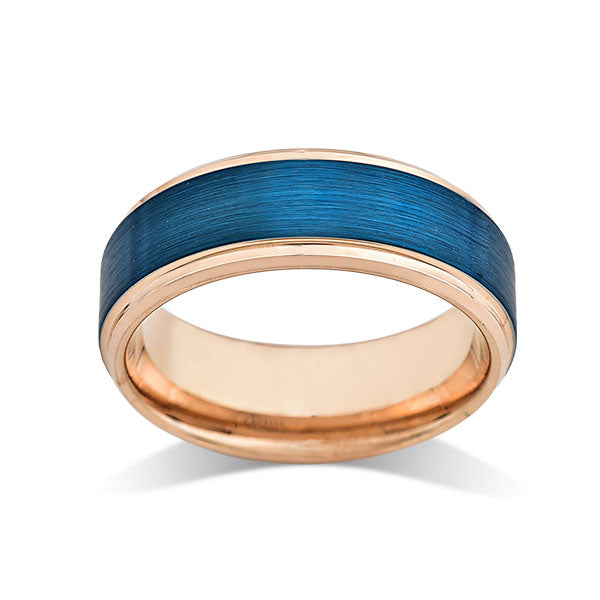 Blue Tungsten Wedding Band - Rose Gold Tungsten Ring - 8mm - Mens Ring - Tungsten Carbide - Engagement Band - Comfort Fit