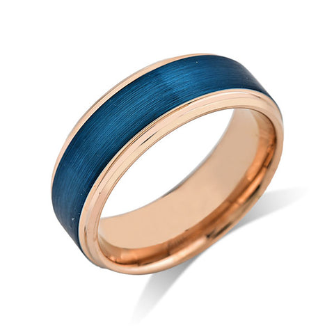 Blue Tungsten Wedding Band - Rose Gold - Stepped Edges - Brushed Tungsten Ring - 8mm - Mens Ring - Tungsten Carbide - Unique - Engagement Band - Comfort Fit