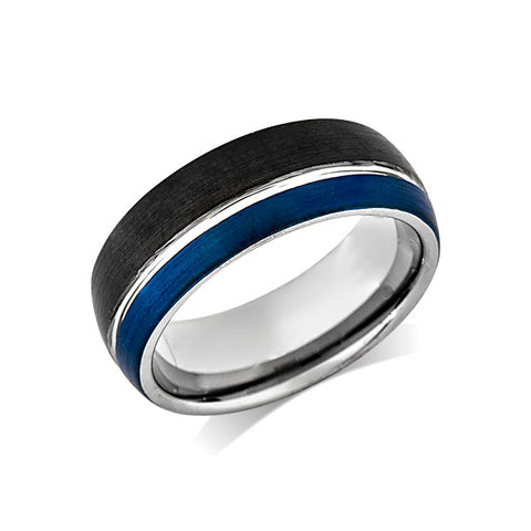 Blue Tungsten Wedding Band - Black Brushed Tungsten Ring - 8mm - Mens Ring - Tungsten Carbide - Engagement Band - Comfort Fit