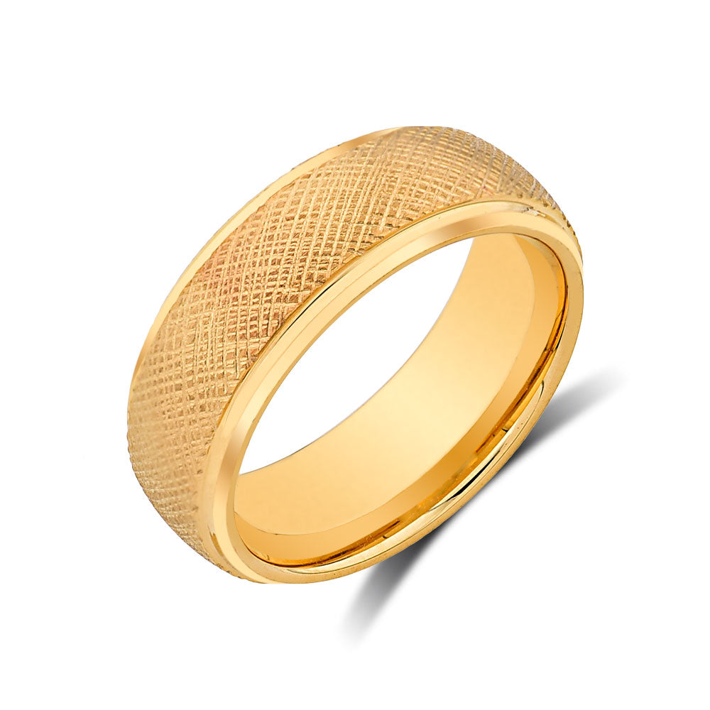 Yellow Gold Wedding Band -  Tungsten Ring - Honey Comb Design - Satin Engagement Ring - LUXURY BANDS LA