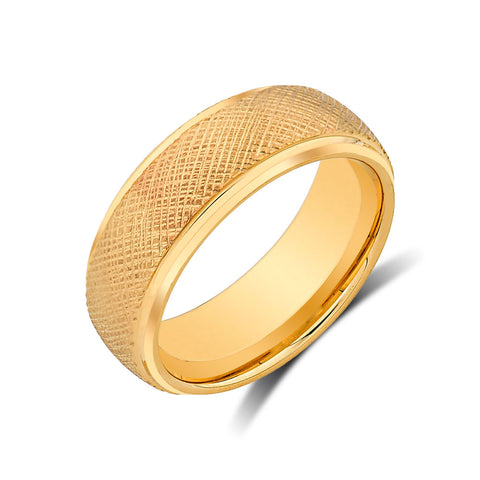 Yellow Gold Wedding Band -  Tungsten Ring - Honey Comb Design - Satin Engagement Ring