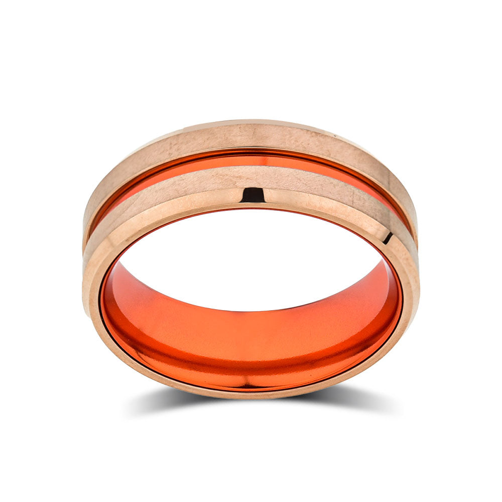 Orange Tungsten Wedding Band - Rose Gold Tungsten Ring - 8mm- Mens Ring - Tungsten Carbide - Engagement Band - Comfort Fit - LUXURY BANDS LA
