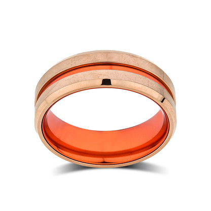 Orange Tungsten Wedding Band - Rose Gold Tungsten Ring - 8mm- Mens Ring - Tungsten Carbide - Engagement Band - Comfort Fit - LUXURY BANDS LA