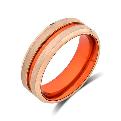 Orange Tungsten Wedding Band - Rose Gold Tungsten Ring - 8mm- Mens Ring - Tungsten Carbide - Engagement Band - Comfort Fit - LUXURY BANDS LA
