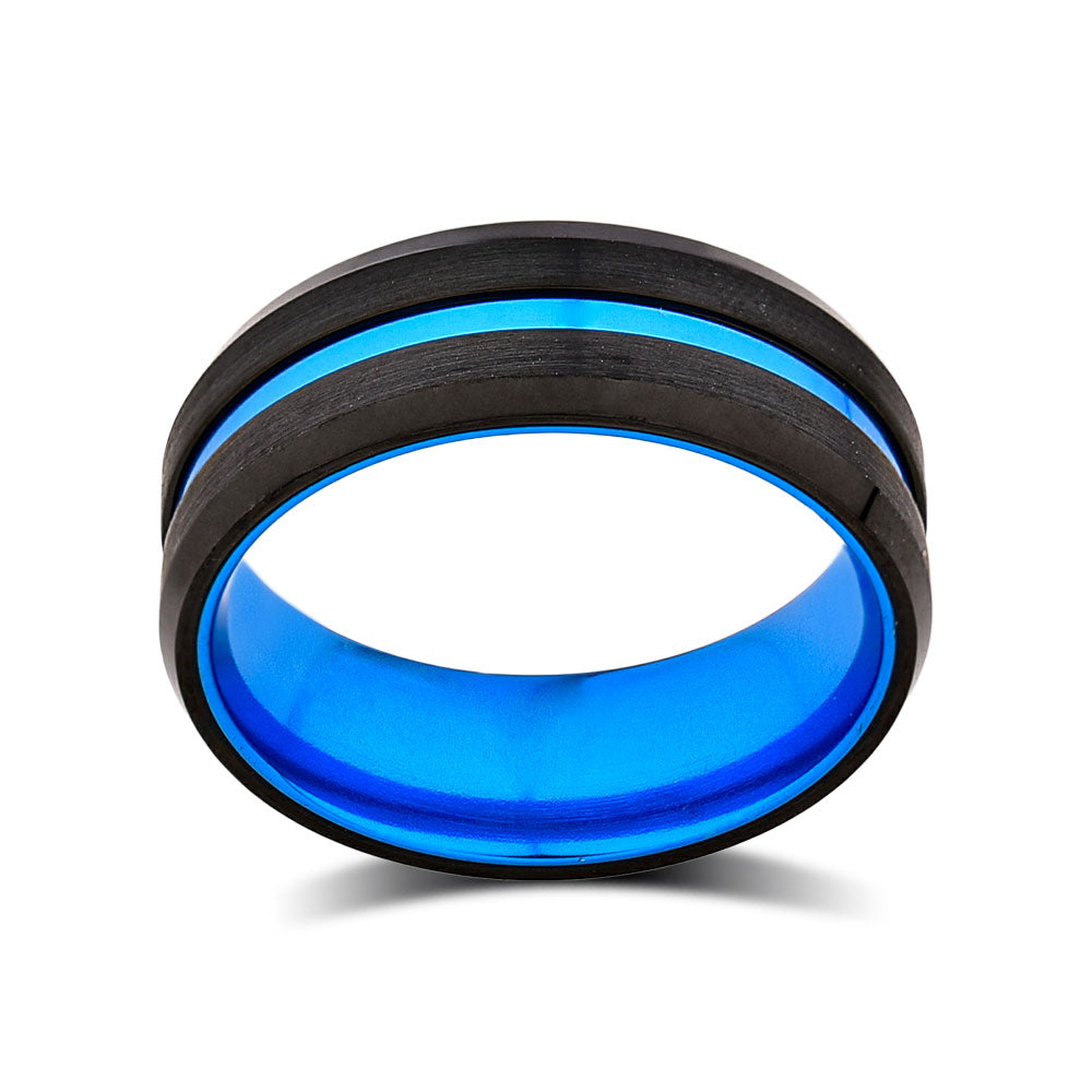 Mens Blue Wedding Band - Blue Tungsten Ring - 8mm - Unique Blue Engagement Band - LUXURY BANDS LA