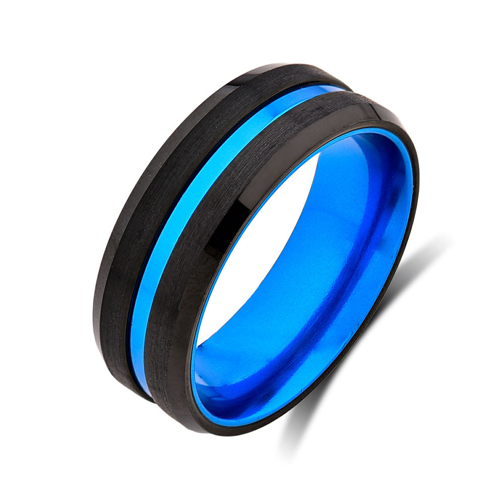 Mens Blue Wedding Band - Blue Tungsten Ring - 8mm - Unique Blue Engagement Band - LUXURY BANDS LA