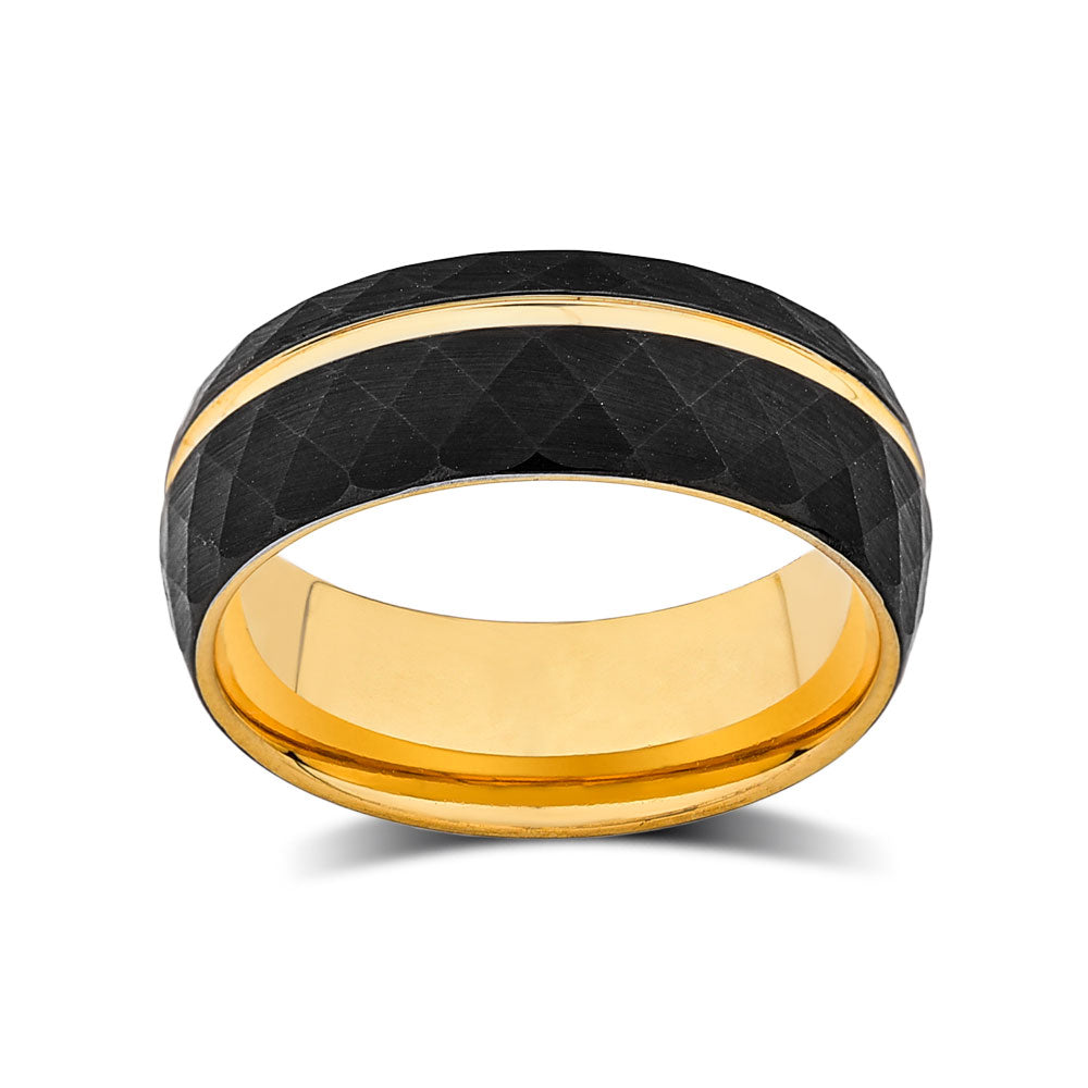 Yellow Gold Tungsten Wedding Band - Black Brushed Ring - Offset Groove - Unique Engagment Band - LUXURY BANDS LA