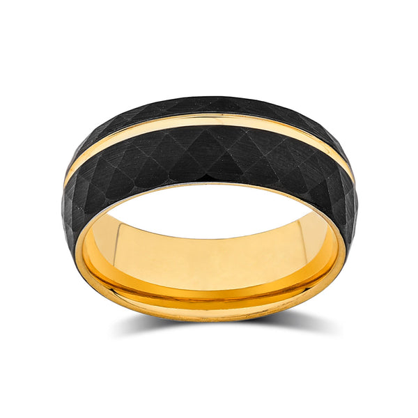 Yellow Gold Tungsten Wedding Band - Black Brushed Ring - Offset Groove - Unique Engagment Band