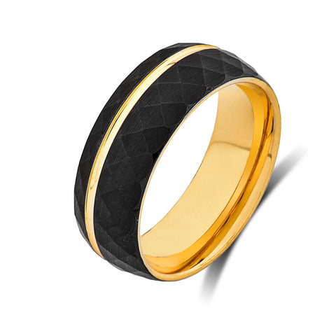 Yellow Gold Tungsten Wedding Band - Black Brushed Ring - Offset Groove - Unique Engagment Band