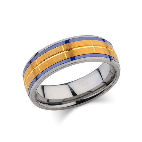 Blue Tungsten Wedding Band - Yellow Brushed Tungsten Ring - 8mm - Mens Ring - Unique Tungsten Carbide - Engagement Band - Comfort Fit - LUXURY BANDS LA