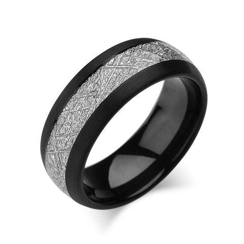 Meteorite Inlay Ring - Black Tungsten Wedding Band - Brushed Black Ring - 8mm - New - Unique - Engagement Band - Comfort Fit - LUXURY BANDS LA