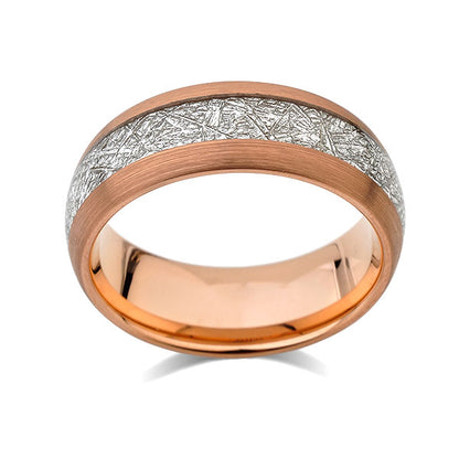 Meteorite Inlay Ring - Rose Gold Tungsten Wedding Band - Brushed Black Ring - 8mm - New - Unique - Engagement Band - Comfort Fit - LUXURY BANDS LA