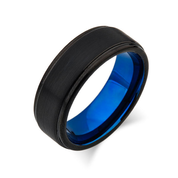 Blue Tungsten Wedding Band - Black Brushed Tungsten Ring - Stepped Edges - 8mm - Mens Ring - Tungsten Carbide - Engagement Band - Comfort Fit - LUXURY BANDS LA