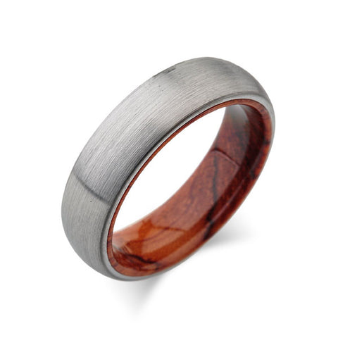 Koa Wood Wedding Ring - Brushed Gray Tungsten Band - Dome  Koa Wood Ring - Hawaiian Koa Wood - 6mm - Mens - Comfort Fit - LUXURY BANDS LA