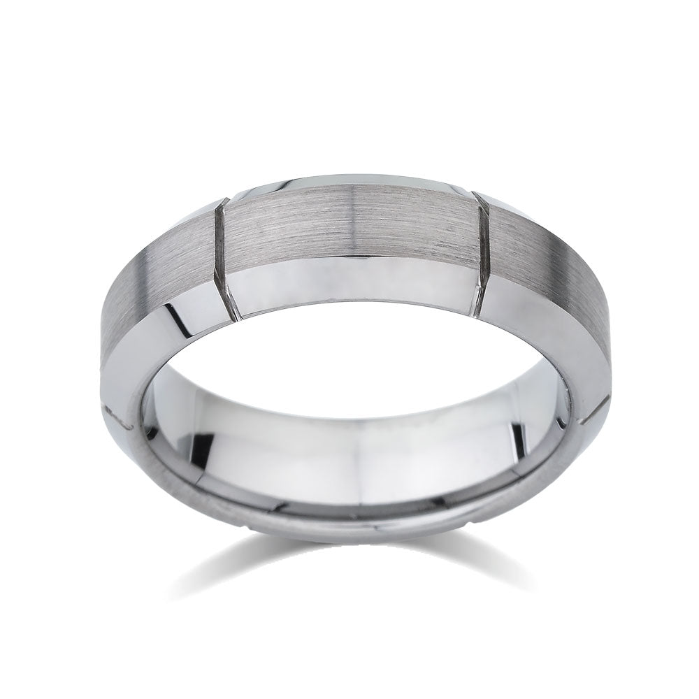 Gray Brushed Tungsten Ring - Unique Mens Band - Grooved - 7mm - High Polish Beveled Edge - Engagement Ring - LUXURY BANDS LA