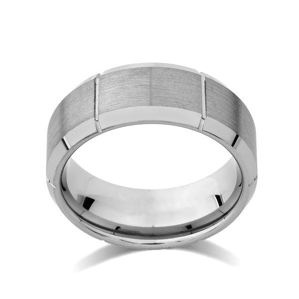 Gray Brushed Tungsten Ring - Unique Mens Band - Grooved - 9mm - High Polish Beveled Edge - Engagement Ring - LUXURY BANDS LA