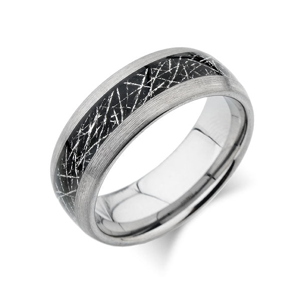 Meteorite Inlay Ring - Brushed Gray - Tungsten Wedding Band - 8mm - New - Unique Design- Engagement Band - Comfort Fit - LUXURY BANDS LA