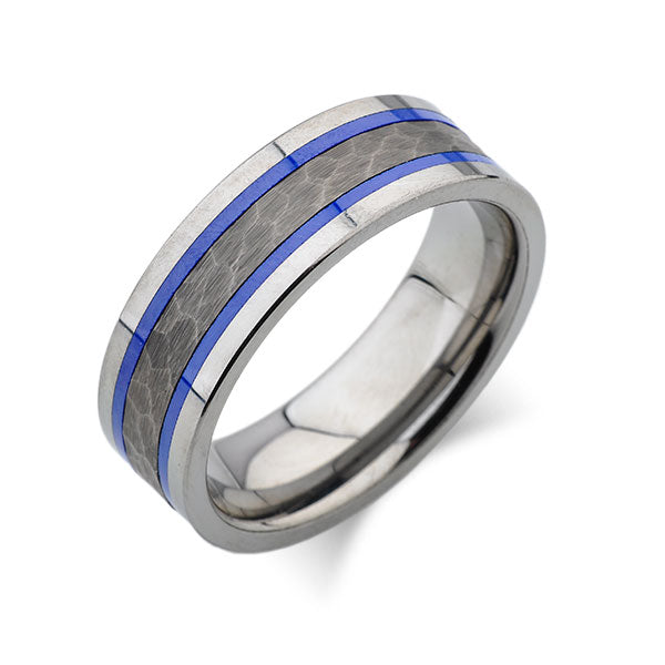 Blue Tungsten Wedding Band - Silver Hammered Tungsten Ring - 8mm - Mens Ring - Tungsten Carbide - Engagement Band - Comfort Fit - LUXURY BANDS LA