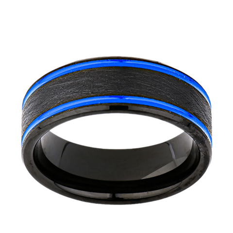 Blue Mens Designer Ring - 8MM - Double Groove - Black Brushed Tungsten Ring - New Mens Ring