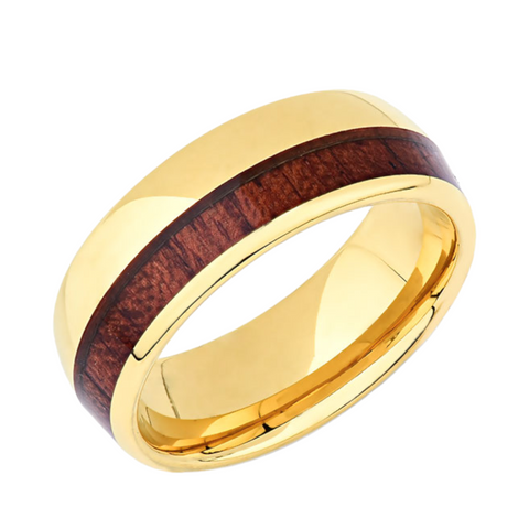 Yellow Gold Koa Wood Ring -  8MM Tungsten Ring - Mens Tungsten Wood Band - Unique Mens Ring