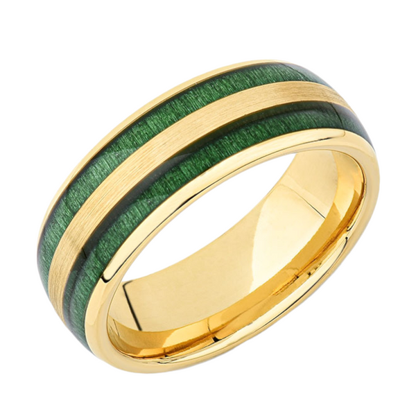 Yellow Gold Tungsten Ring - 8MM Green Jade Joa Wood Inlay - Unique Mens Ring