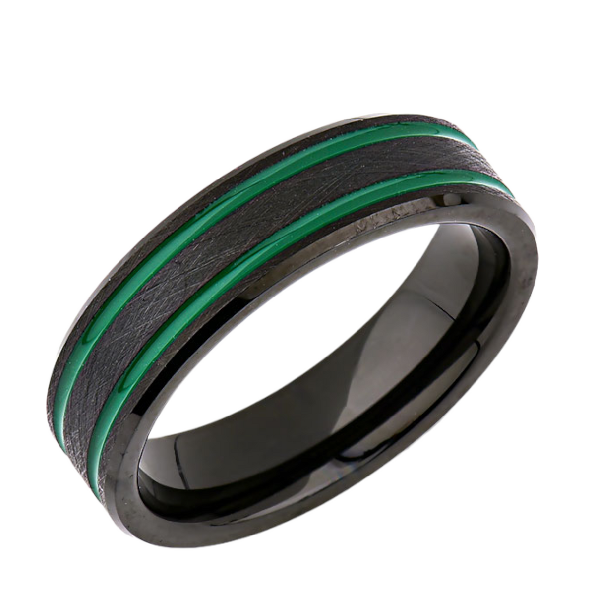 Green Mens Designer Ring - 6MM - Double Groove - Black Brushed Tungsten Ring - New Mens Ring - LUXURY BANDS LA