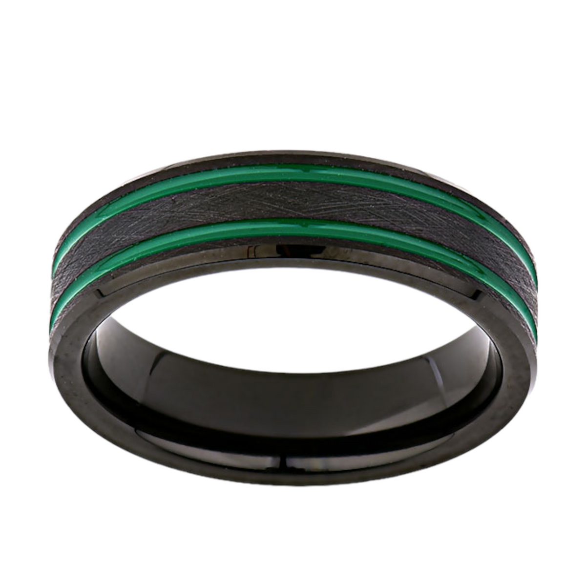 Green Mens Designer Ring - 6MM - Double Groove - Black Brushed Tungsten Ring - New Mens Ring - LUXURY BANDS LA