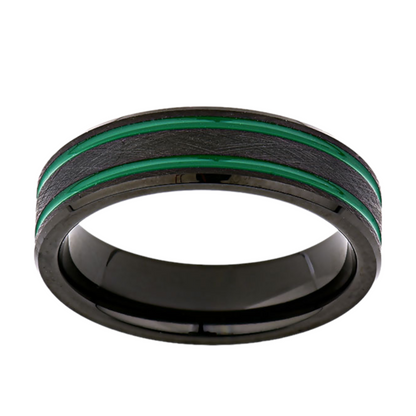 Green Mens Designer Ring - 6MM - Double Groove - Black Brushed Tungsten Ring - New Mens Ring - LUXURY BANDS LA