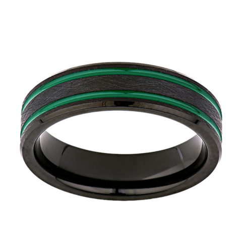 Green Mens Designer Ring - 6MM - Double Groove - Black Brushed Tungsten Ring - New Mens Ring