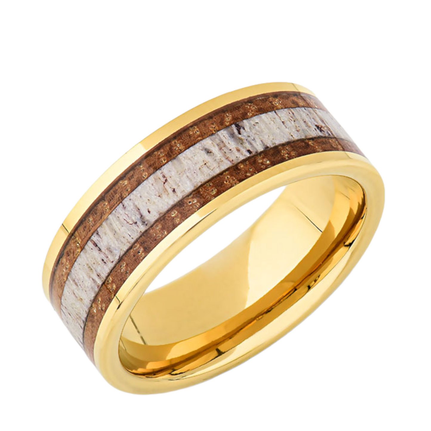 Yellow Gold Deer Antler Ring -  8MM Tungsten Ring - Koa Wood Mens Band- Unique Mens Ring - LUXURY BANDS LA