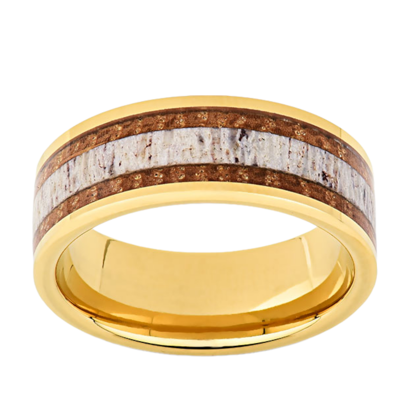 Yellow Gold Deer Antler Ring -  8MM Tungsten Ring - Koa Wood Mens Band- Unique Mens Ring - LUXURY BANDS LA