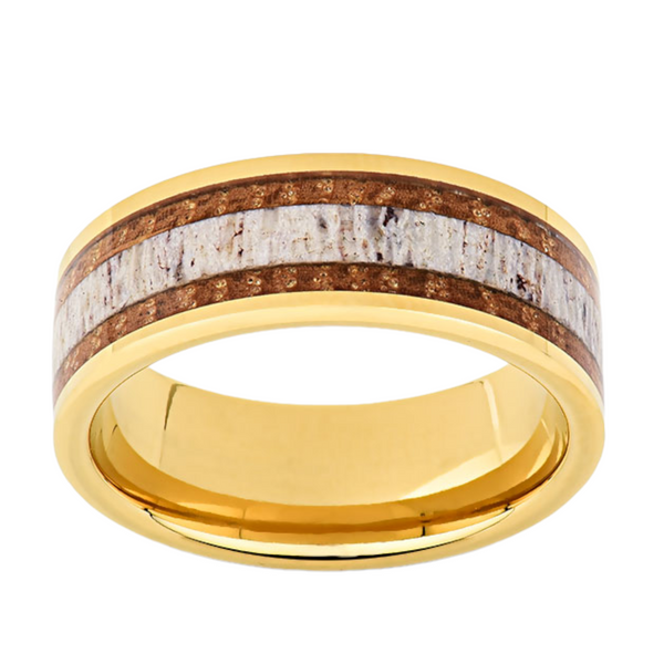 Yellow Gold Deer Antler Ring -  8MM Tungsten Ring - Koa Wood Mens Band- Unique Mens Ring