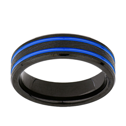 Blue Mens Designer Ring - 6MM - Double Groove - Black Brushed Tungsten Ring - New Mens Ring