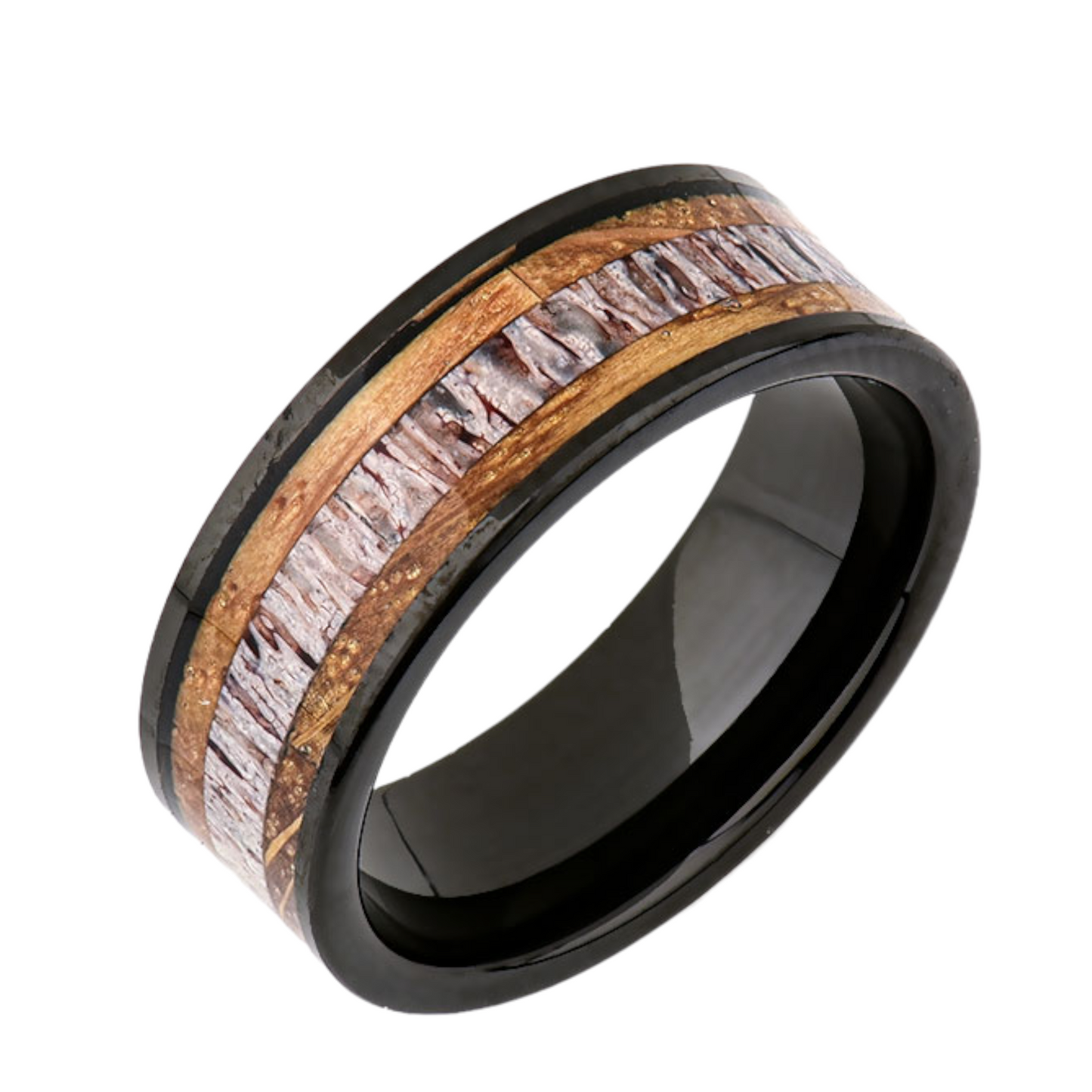 Mens Whiskey Barrel Inlay Tungsten Ring -Deer Antler Jewelry - 8MM - Unique Mens Ring - LUXURY BANDS LA