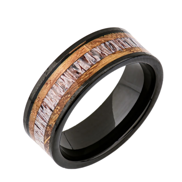 Mens Whiskey Barrel Inlay Tungsten Ring -Deer Antler Jewelry - 8MM - Unique Mens Ring