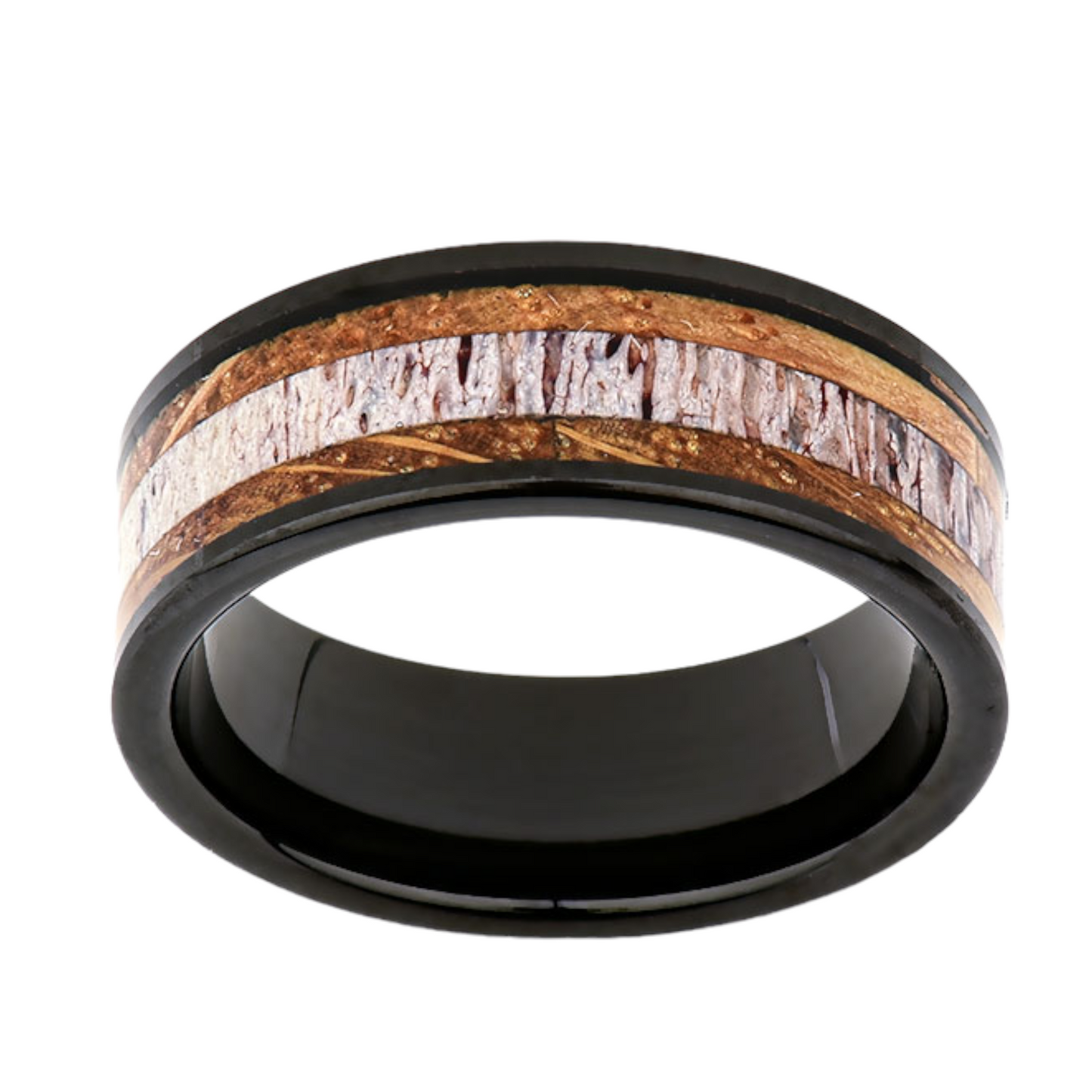 Mens Whiskey Barrel Inlay Tungsten Ring -Deer Antler Jewelry - 8MM - Unique Mens Ring - LUXURY BANDS LA