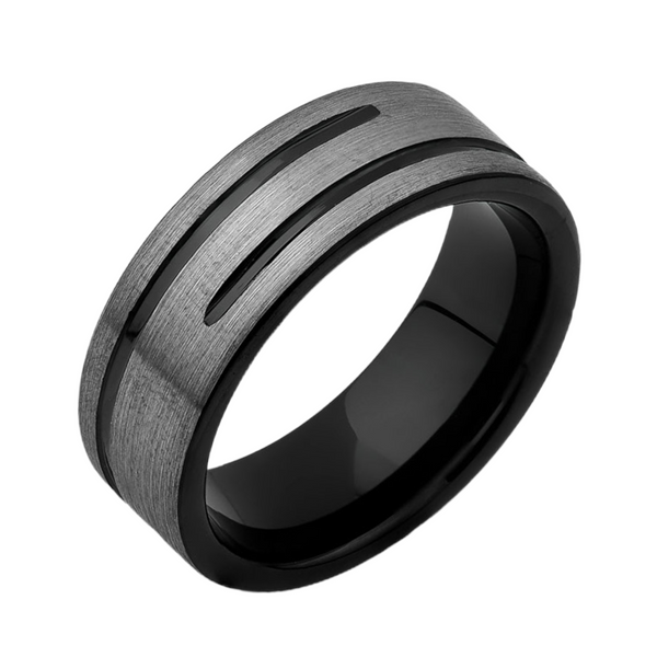 Mens Unique Tungsten Ring - Black and Gray Brushed Mens Band - 8mm Enagement Ring