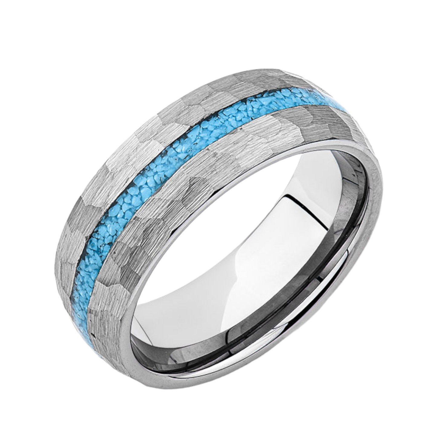 Mens Natural Turquoise Wedding Band - Gray Brushed Hammer Finish - Tungsten Engagement Ring - 8mm - LUXURY BANDS LA