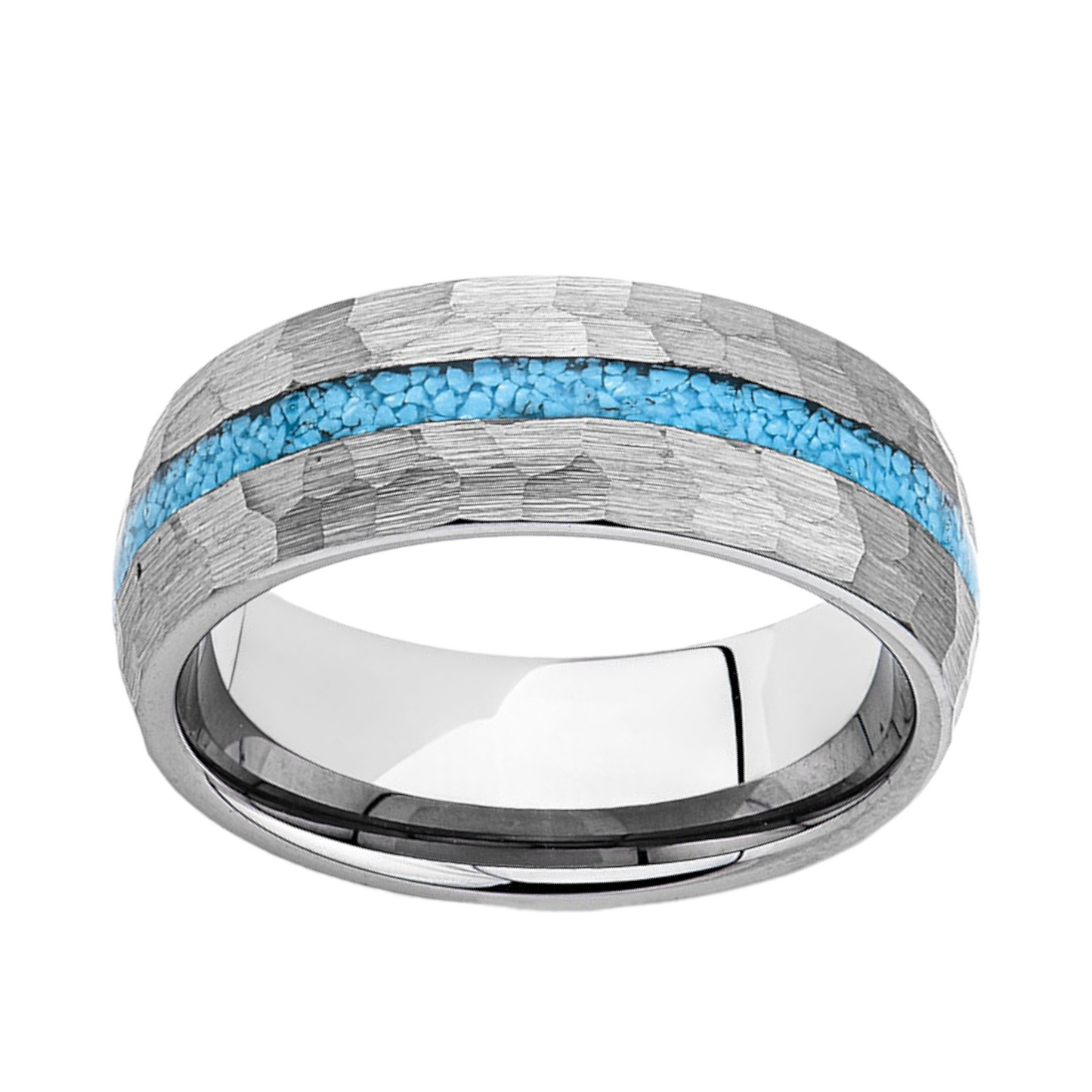 Mens Natural Turquoise Wedding Band - Gray Brushed Hammer Finish - Tungsten Engagement Ring - 8mm - LUXURY BANDS LA