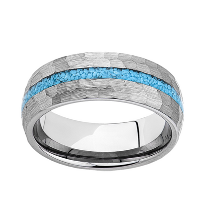 Mens Natural Turquoise Wedding Band - Gray Brushed Hammer Finish - Tungsten Engagement Ring - 8mm - LUXURY BANDS LA