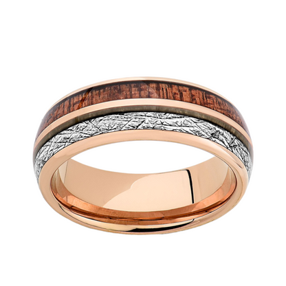 Rose Gold Koa Wood Ring -  8MM  Mens Meteorite Tungsten Band - Unique Mens Engagement rings - LUXURY BANDS LA