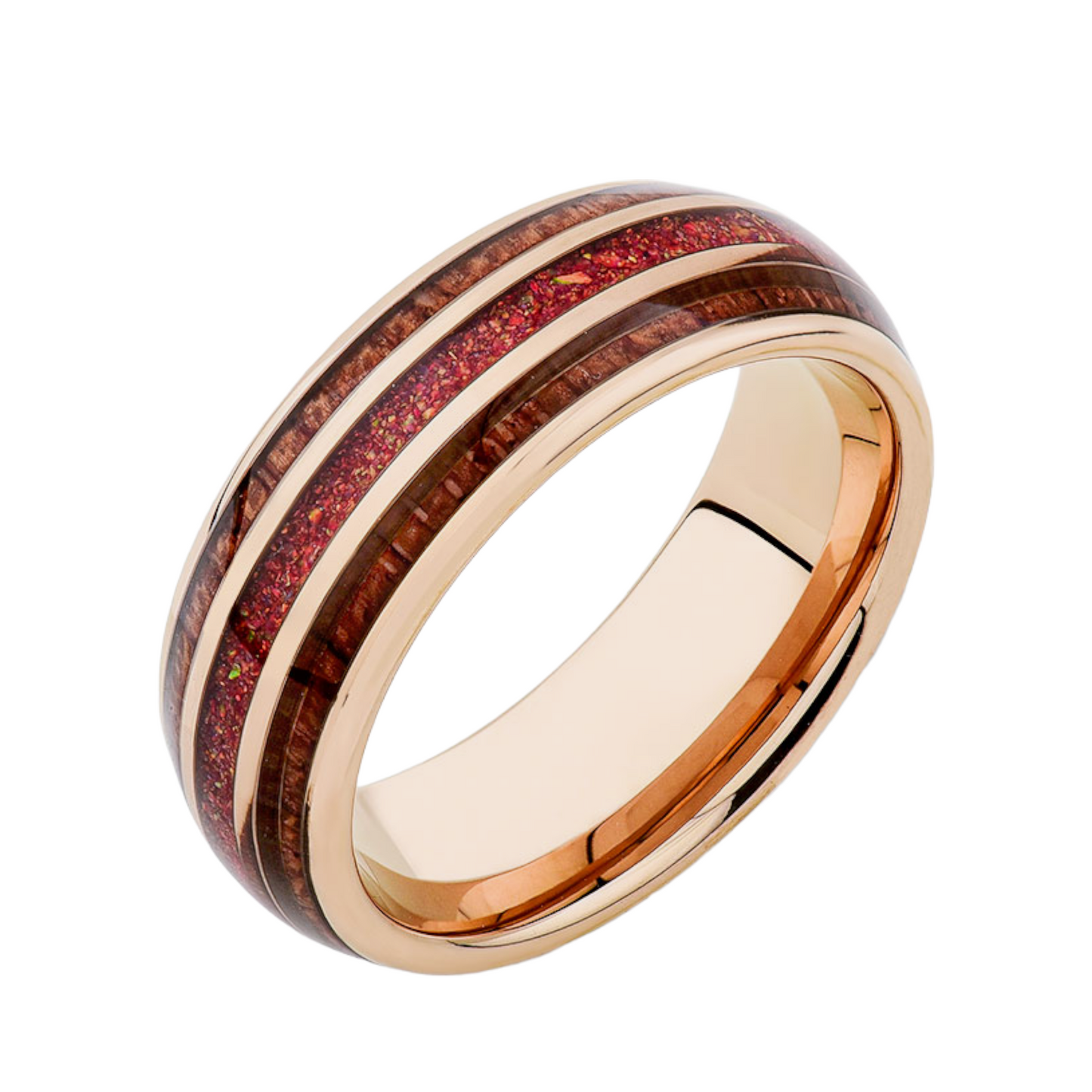 Red Opal Ring Mes Ring - Rose Gold Tungsten Koa Wood Band - Unique Mens Engagement ring - LUXURY BANDS LA